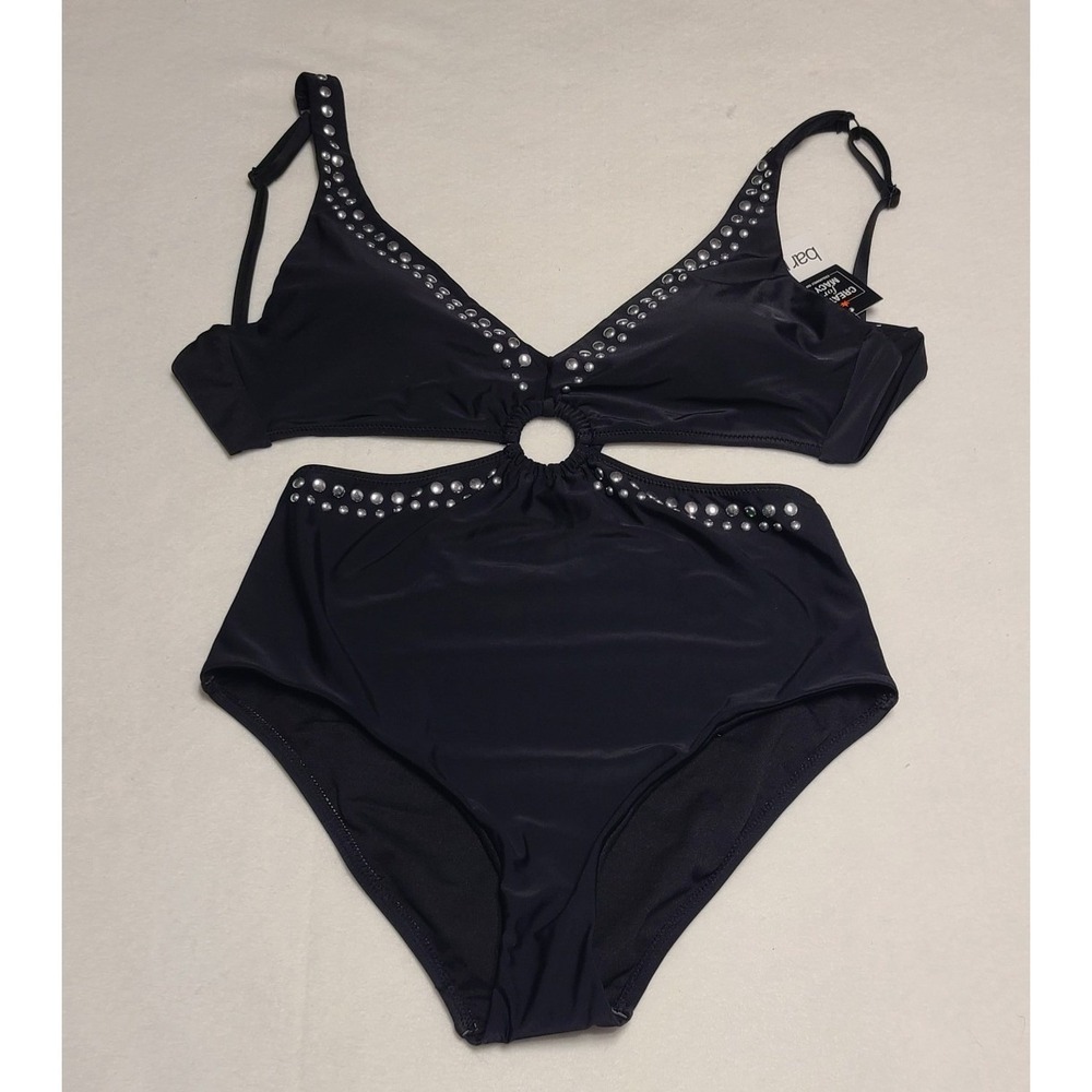 Bar III Women's Studded Cutout Monokini Swimsuit Black Silver Size Medium